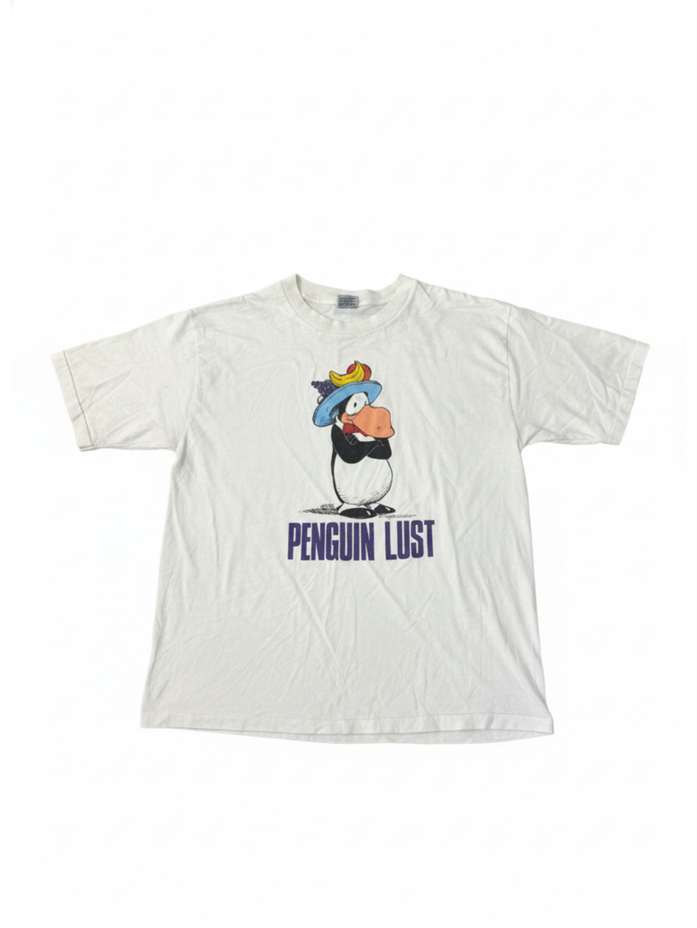 Vintage 1986 Penguin Lust Graphic T-Shirt White Cotton Blend XL [COPY]
